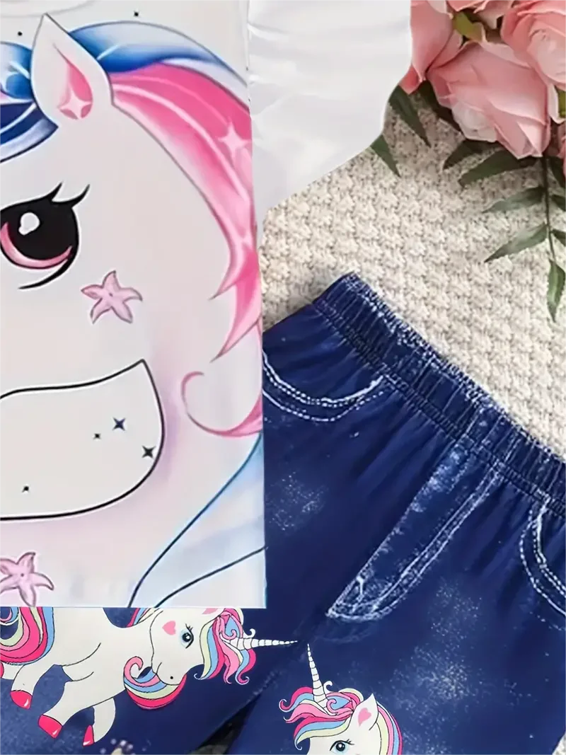 Conjunto de moda de verano para niñas, camiseta de unicornio de dibujos animados con peplum de 2 piezas y pantalones de campana con estampado de mezclilla sintética