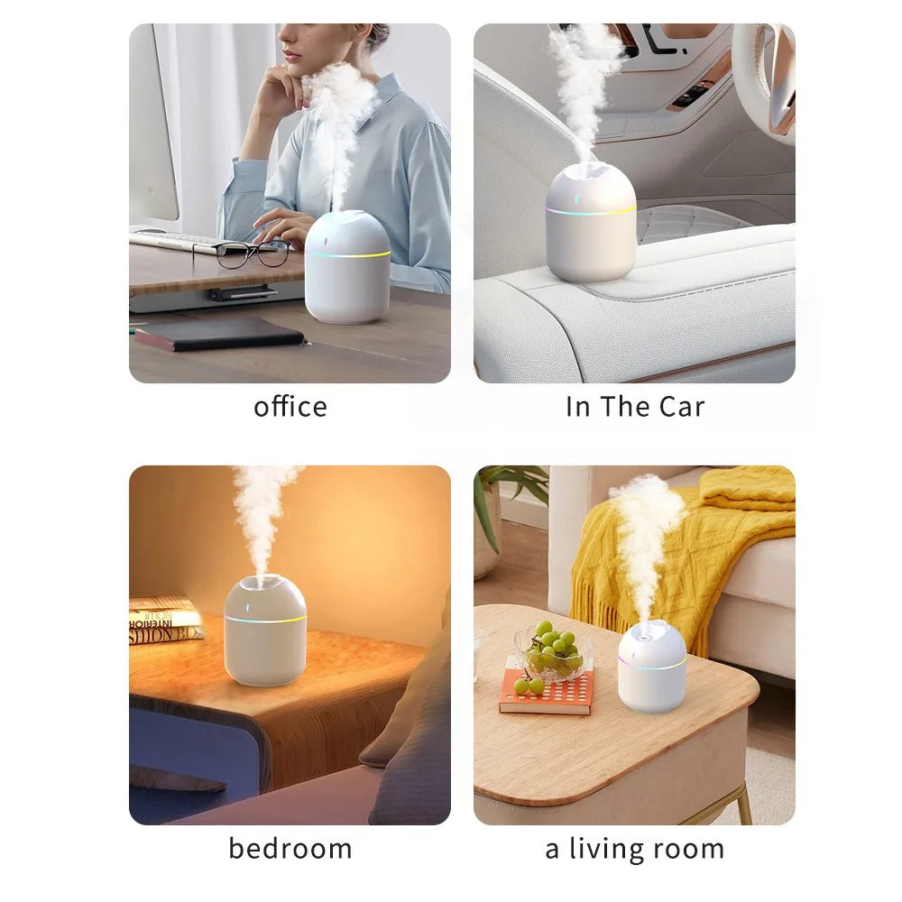 Humidificador de aire de 270 ml, difusor de aroma de vapor frío, luz LED nocturna, protección de apagado, USB, para el hogar y la oficina.