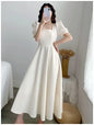 Vestido blanco ajustado para mujer, manga abullonada, cuello cuadrado, estilo ligero y a la moda, falda larga informal de verano, estilo coreano