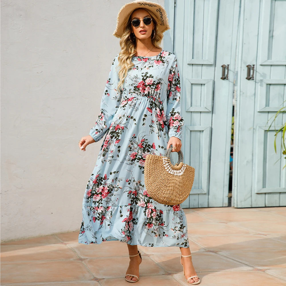 Vestidos largos bohemios informales de manga larga y cintura alta para mujer, de gasa, para playa, primavera y otoño, con estampado floral