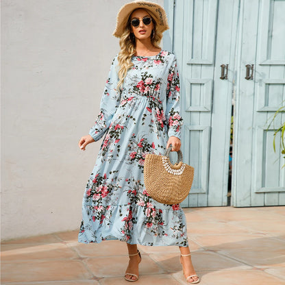 Vestidos largos bohemios informales de manga larga y cintura alta para mujer, de gasa, para playa, primavera y otoño, con estampado floral