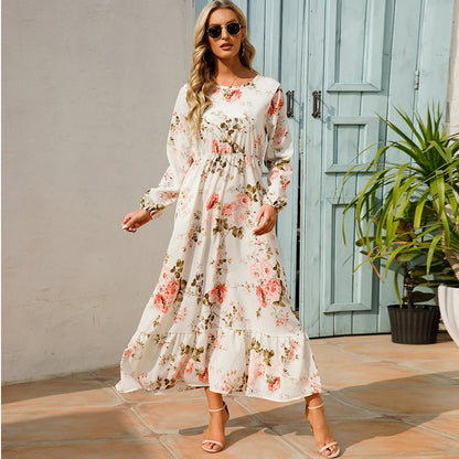 Vestidos largos bohemios informales de manga larga y cintura alta para mujer, de gasa, para playa, primavera y otoño, con estampado floral