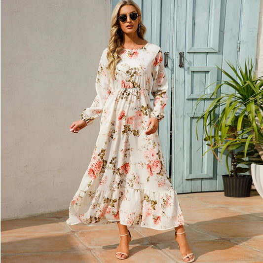 Vestidos largos bohemios informales de manga larga y cintura alta para mujer, de gasa, para playa, primavera y otoño, con estampado floral