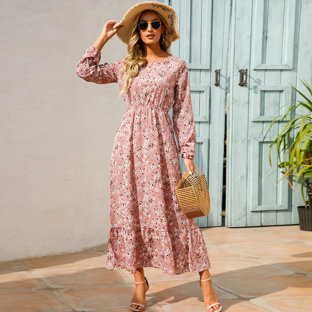 Vestidos largos bohemios informales de manga larga y cintura alta para mujer, de gasa, para playa, primavera y otoño, con estampado floral