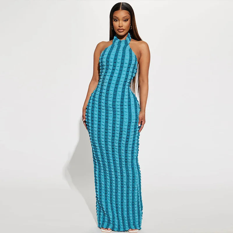 Hugcitar Patchwork Sexy Y2K Ropa Sin Mangas Espalda Descubierta Halter Fruncido Bodycon Vestidos Largos Para Mujeres Club Fiesta de Cumpleaños Trajes