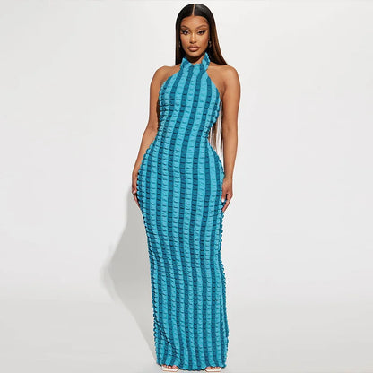 Hugcitar Patchwork Sexy Y2K Ropa Sin Mangas Espalda Descubierta Halter Fruncido Bodycon Vestidos Largos Para Mujeres Club Fiesta de Cumpleaños Trajes