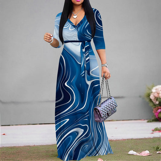 Maxi Dress for Women Casual Sundress V-Neck 3/4 Sleeve Plus Size
