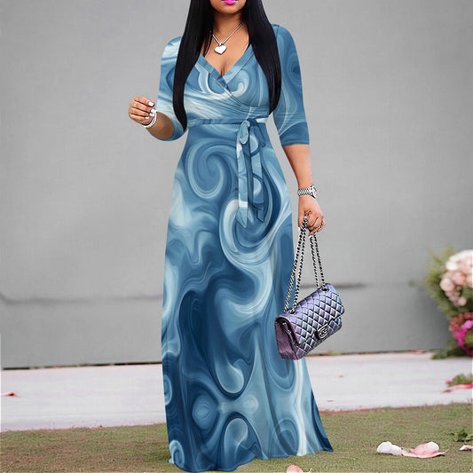 Blue Swirl Print Wrap Maxi Dress S-3XL | Elegant V-Neck Dress for Casual Outings, Parties, and Summer Events