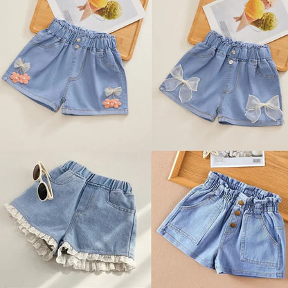 Pantalones cortos vaqueros de estilo coreano para niñas, pantalones vaqueros cortos de princesa a la moda, pantalones cortos para niñas, ropa para niñas con flores