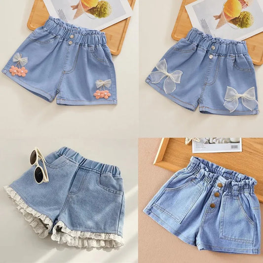 Pantalones cortos vaqueros de estilo coreano para niñas, pantalones vaqueros cortos de princesa a la moda, pantalones cortos para niñas, ropa para niñas con flores