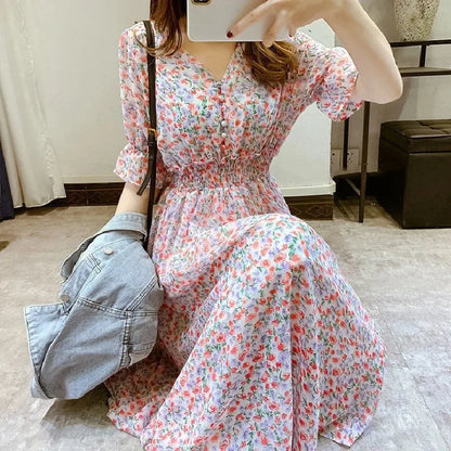 Elegant V-Neck Slimming Short Sleeve Dress 2024 New Style Waist-Fitted Fragrant Flower Design Women's Gown Original Work