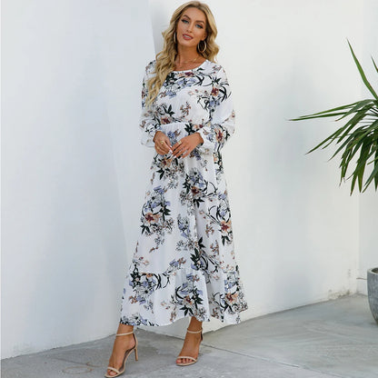 Vestidos largos bohemios informales de manga larga y cintura alta para mujer, de gasa, para playa, primavera y otoño, con estampado floral