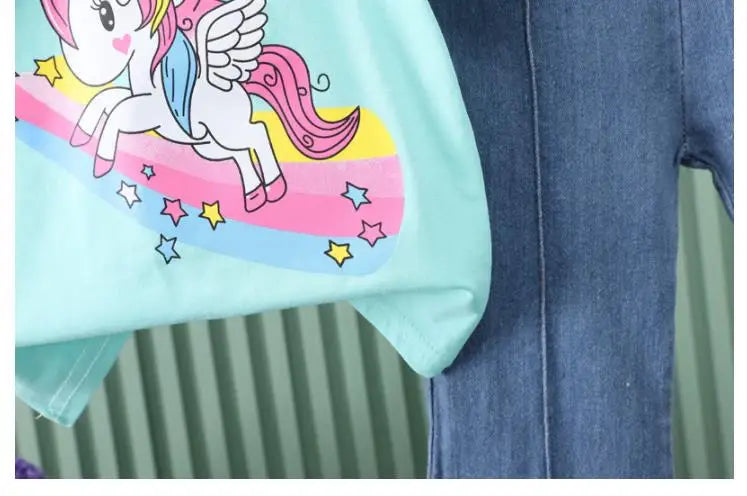 Conjunto de verano para niñas de 0 a 4 años, nuevo, con estampado de dibujos animados, manga corta y pantalones vaqueros, 2025