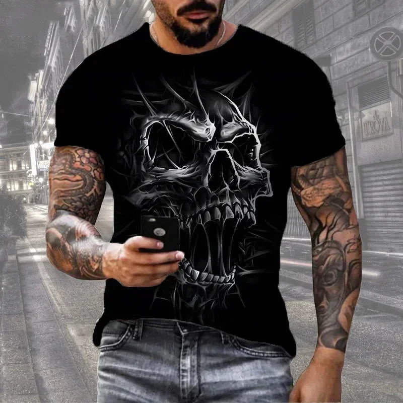 Camiseta de manga corta con estampado 3D de calavera de terror, estilo hip hop callejero, cuello redondo, holgada e informal, para verano, 2025