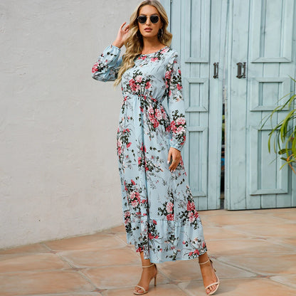 Vestidos largos bohemios informales de manga larga y cintura alta para mujer, de gasa, para playa, primavera y otoño, con estampado floral