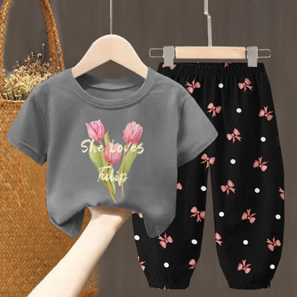 Conjuntos de verano para niñas, ropa para niños pequeños, camiseta de moda, top y pantalones, 2 piezas