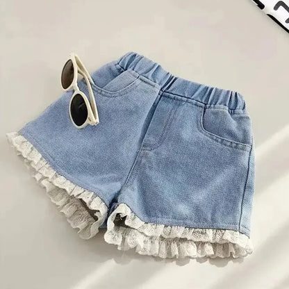 Pantalones cortos vaqueros de estilo coreano para niñas, pantalones vaqueros cortos de princesa a la moda, pantalones cortos para niñas, ropa para niñas con flores