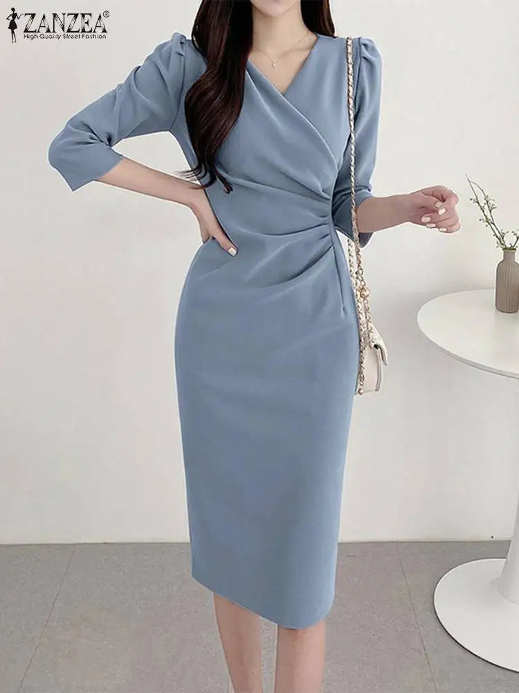 ZANZEA - Vestido de verano para mujer, sexy, de color liso, largo hasta la rodilla, ajustado, elegante, con mangas 3/4 y escote en V, para trabajo, 2025