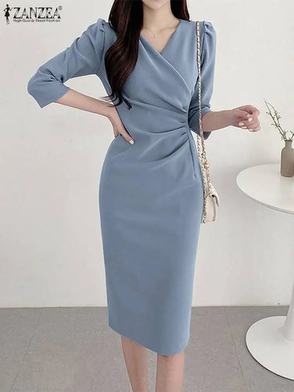 ZANZEA - Vestido de verano para mujer, sexy, de color liso, largo hasta la rodilla, ajustado, elegante, con mangas 3/4 y escote en V, para trabajo, 2025