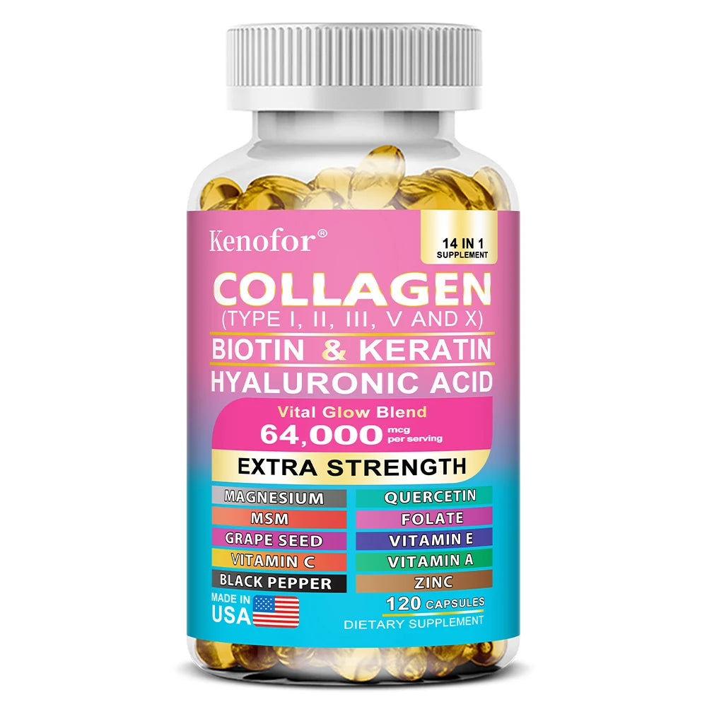 Colágeno Kenofor 1000 mg con biotina 10 000 mcg, queratina, ácido hialurónico, vitamina C, fórmula saludable, suplemento dietético sin gluten.