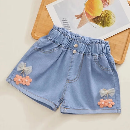 Pantalones cortos vaqueros de estilo coreano para niñas, pantalones vaqueros cortos de princesa a la moda, pantalones cortos para niñas, ropa para niñas con flores