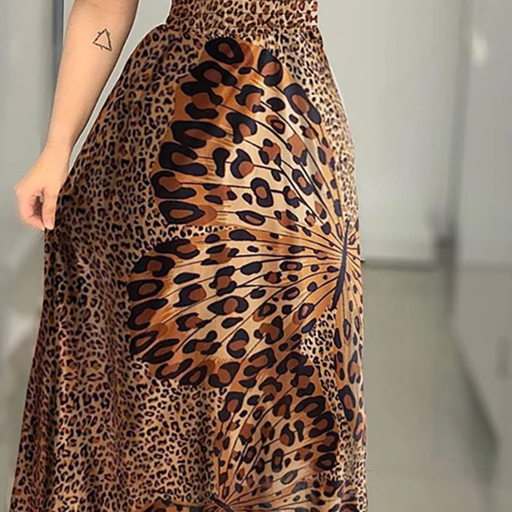 2024 Nieuwe Mode Luipaard Gewaad Afdrukken Lange Jurk Ruche Maxi Zonnejurk Bohemian Vrouwen Zomer Sexy Toevallige Elegante Strap