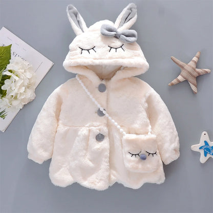 Conjunto de 2 piezas de ropa para niña, nueva chaqueta con capucha de conejo de manga larga, lazo de felpa de invierno, ropa para niños de 0 a 3 años.