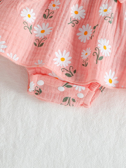 Conjunto de 2 piezas de peleles de algodón suave para recién nacidas, color rosa, con estampado de margaritas, de manga corta y diadema.