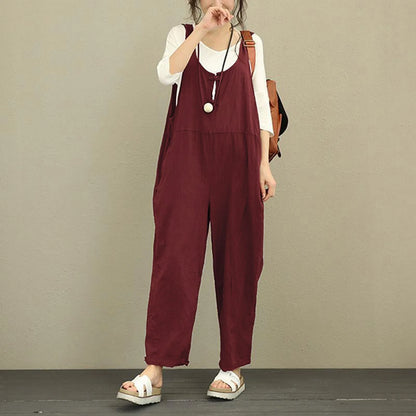 Enterizo sencillo sin mangas con pantalones largos para mujer, de verano, de algodón fino con bolsillos, informal, multicolor, con cuello en V y tirantes