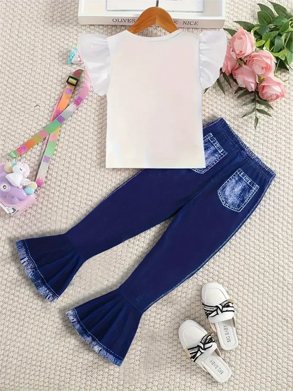 Conjunto de moda de verano para niñas, camiseta de unicornio de dibujos animados con peplum de 2 piezas y pantalones de campana con estampado de mezclilla sintética