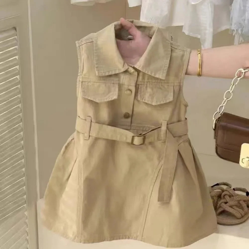 Vestidos de verano sin mangas para niñas, estilo rompevientos, con cintura elástica y colores sólidos, para el trabajo