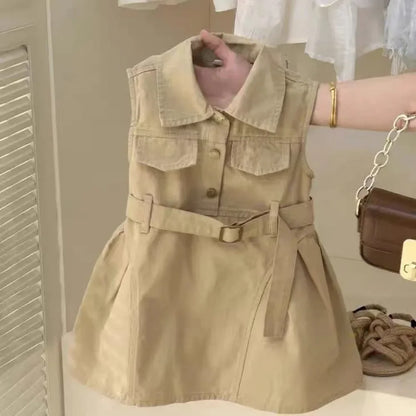 Vestidos de verano sin mangas para niñas, estilo rompevientos, con cintura elástica y colores sólidos, para el trabajo