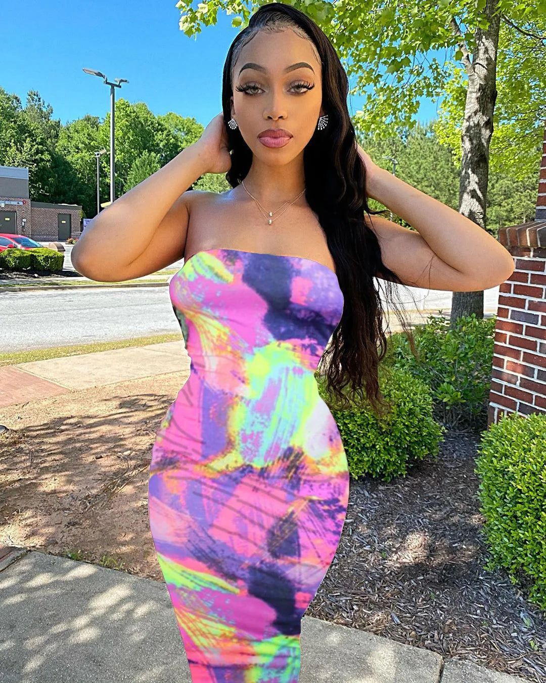 Spring/Summer Women's Colorful Tie Dye Print Off Shoulder Wrapped Chest Dress