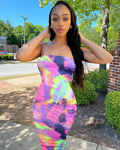 Spring/Summer Women's Colorful Tie Dye Print Off Shoulder Wrapped Chest Dress