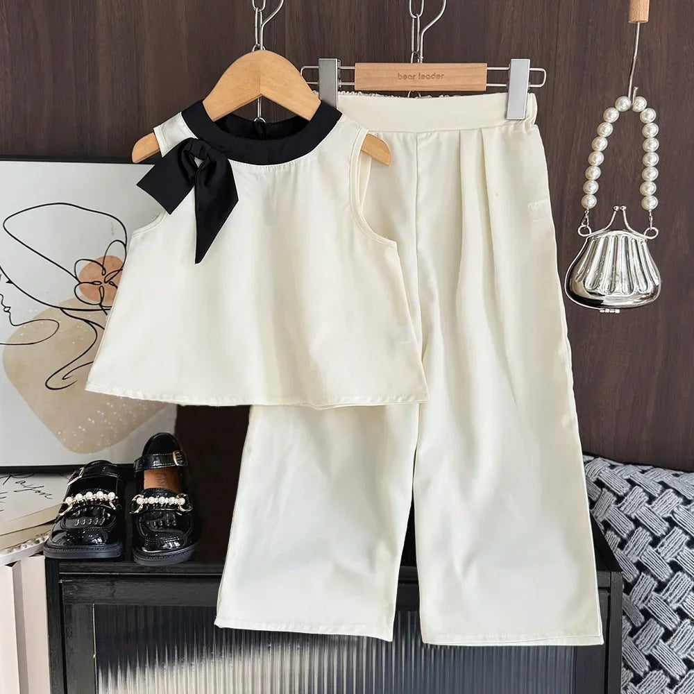 Bear Leader 2025 - Conjunto de 2 piezas para niñas de 3 a 7 años, versión coreana, con top sin mangas y pantalones anchos, con lazo 3D