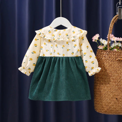 Vestido de otoño para niñas recién nacidas, de manga larga, con solapa y flores fragmentadas de dibujos animados, vestido de princesa para bebés, vestido con tirantes de flores