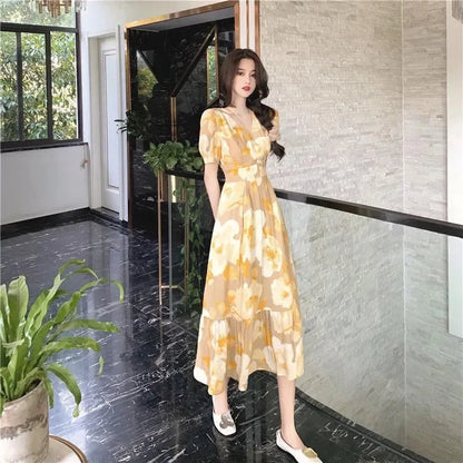 Vestido largo de verano 2025 con diseño de sal y dulce, largo hasta la pantorrilla, estilo hada, con sistema de flores dulces y fragantes para mujer