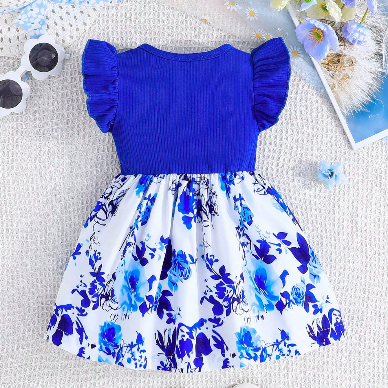 Vestido de verano para niña, nuevo, con mangas cortas y volantes, lazo plisado, cinta azul y blanca, elementos de porcelana, estilo chino, para fiesta de cumpleaños.
