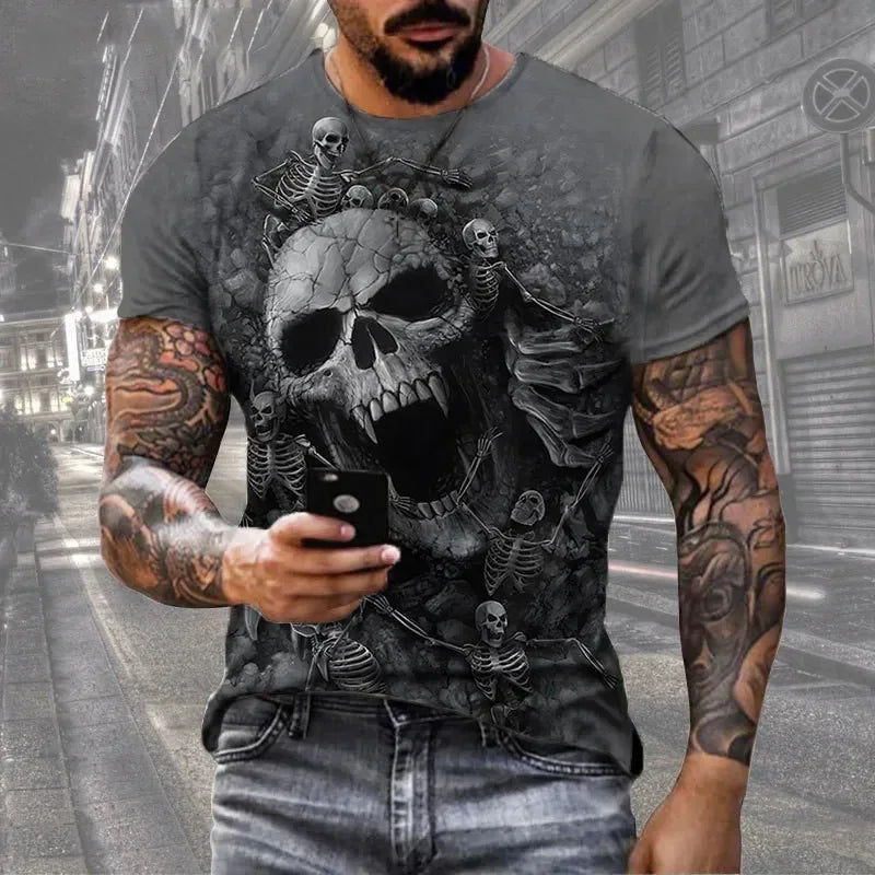 Camiseta de manga corta con estampado 3D de calavera de terror, estilo hip hop callejero, cuello redondo, holgada e informal, para verano, 2025
