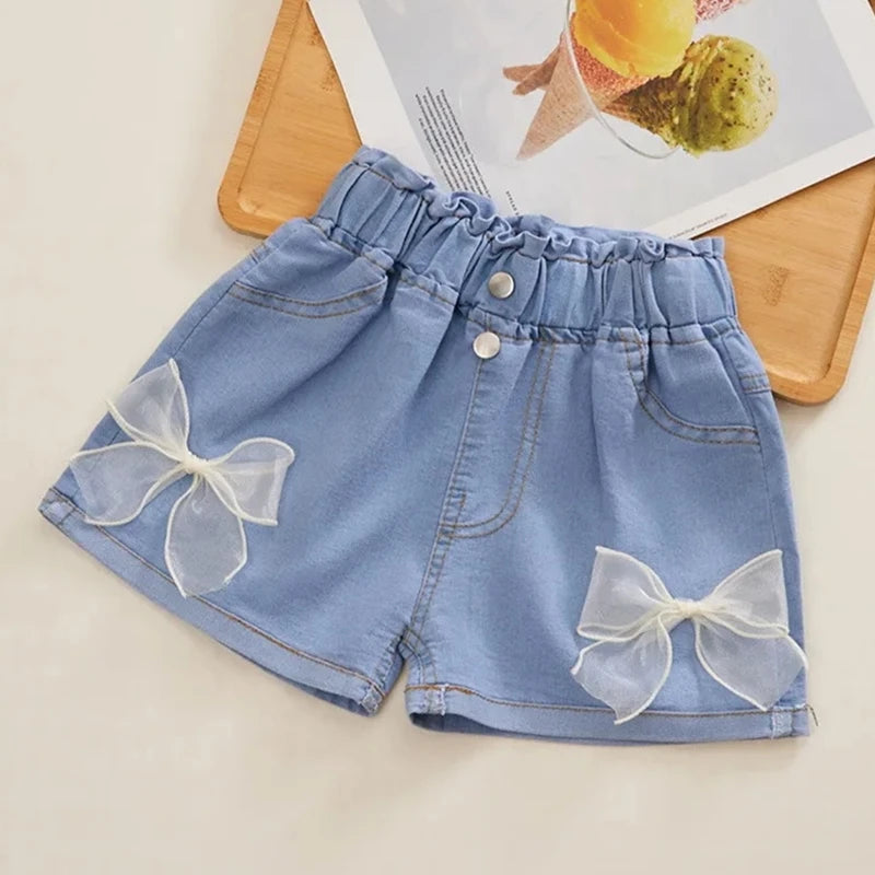Pantalones cortos vaqueros de estilo coreano para niñas, pantalones vaqueros cortos de princesa a la moda, pantalones cortos para niñas, ropa para niñas con flores