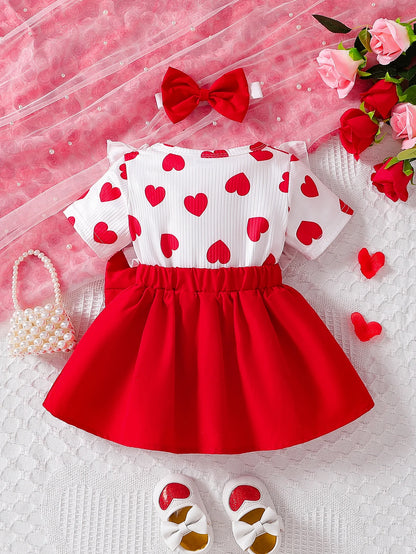 Conjunto de dos piezas con estampado de rayas y cuello redondo para niña pequeña, manga corta, cintura y costados falsos.