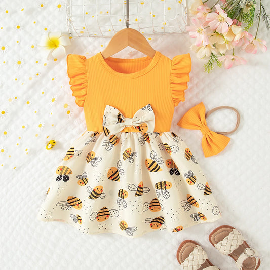 Vestido de verano para niña con diseño de abeja amarilla, bonito vestido de princesa con mangas voladoras, con diadema.