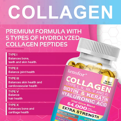Colágeno Kenofor 1000 mg con biotina 10 000 mcg, queratina, ácido hialurónico, vitamina C, fórmula saludable, suplemento dietético sin gluten.