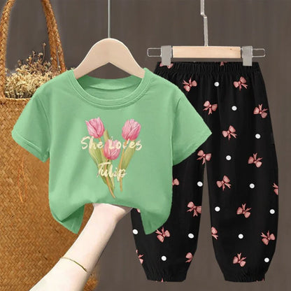 Conjuntos de verano para niñas, ropa para niños pequeños, camiseta de moda, top y pantalones, 2 piezas