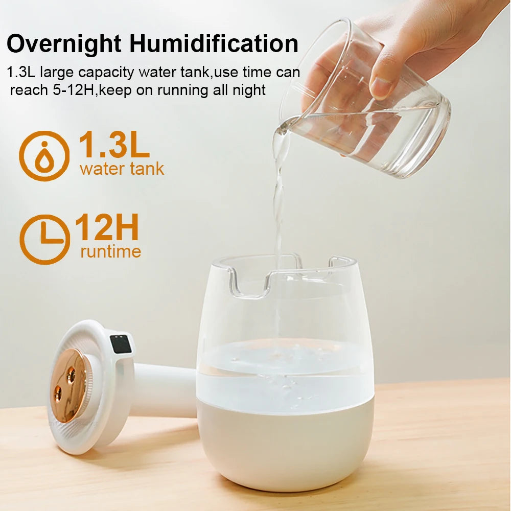 Humidificador de aire de 1300 ml, difusor de aceites esenciales con doble puerto de pulverización, USB, con luz para el hogar y la oficina.
