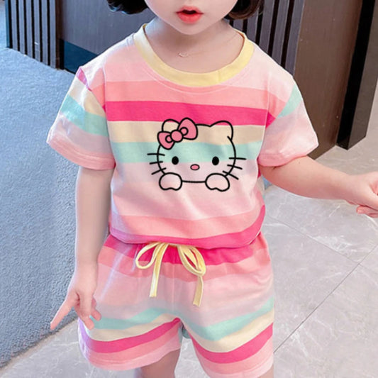 Conjuntos de ropa de verano de Hello Kitty para niñas pequeñas, camiseta de manga corta y pantalones cortos con cintura elástica, 2 piezas