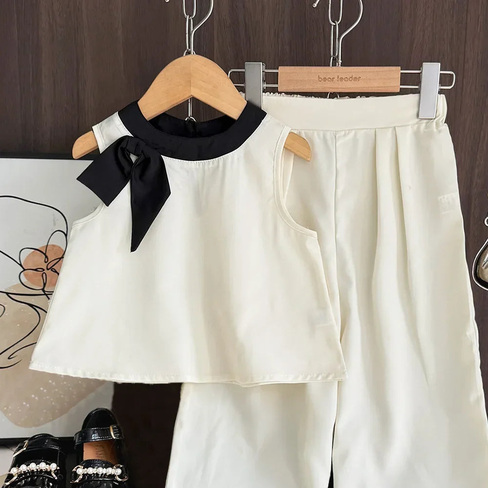 Bear Leader 2025 - Conjunto de 2 piezas para niñas de 3 a 7 años, versión coreana, con top sin mangas y pantalones anchos, con lazo 3D