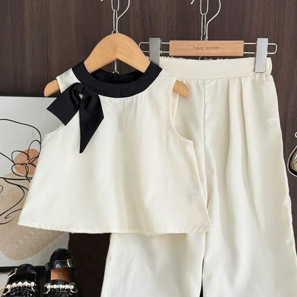 Bear Leader 2025 - Conjunto de 2 piezas para niñas de 3 a 7 años, versión coreana, con top sin mangas y pantalones anchos, con lazo 3D