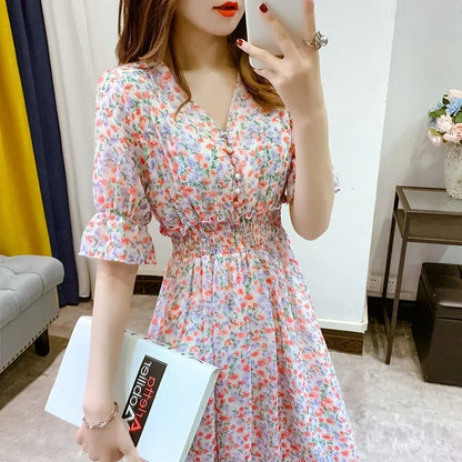 Elegant V-Neck Slimming Short Sleeve Dress 2024 New Style Waist-Fitted Fragrant Flower Design Women's Gown Original Work