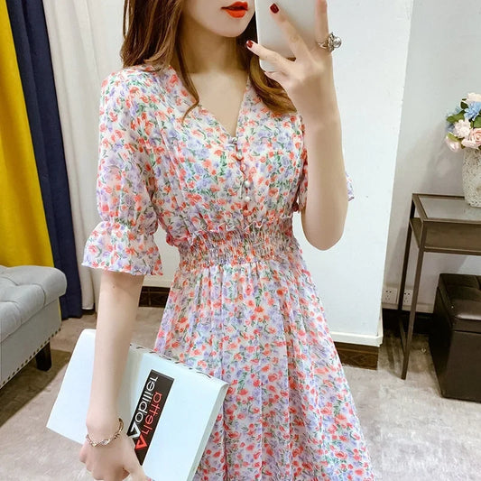 Elegant V-Neck Slimming Short Sleeve Dress 2024 New Style Waist-Fitted Fragrant Flower Design Women's Gown Original Work